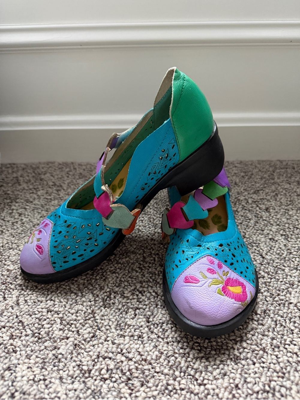 British Artisan Handmade Leather Floral Perforated Mary Jane Chunky Heels 38 7